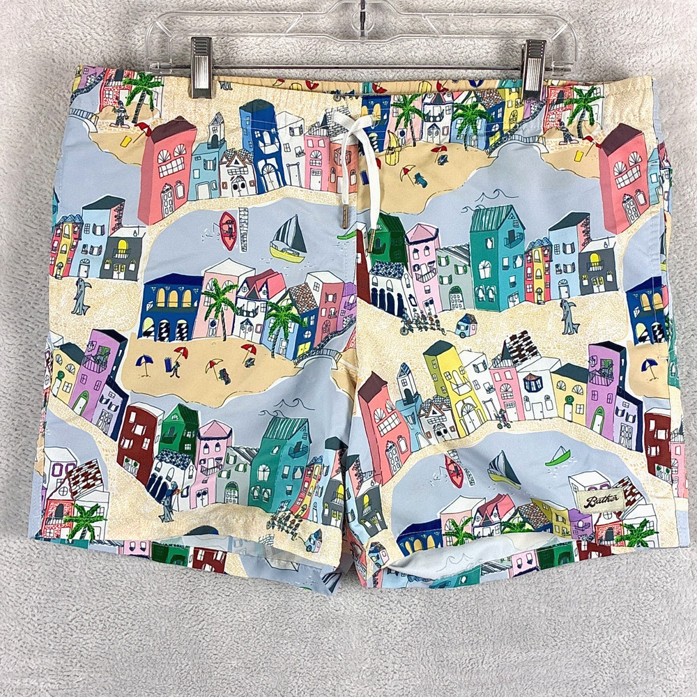Bather Swim Trunks Mens M (L/XL) Multicolor Beach Scene Drawstring Preppy Summer